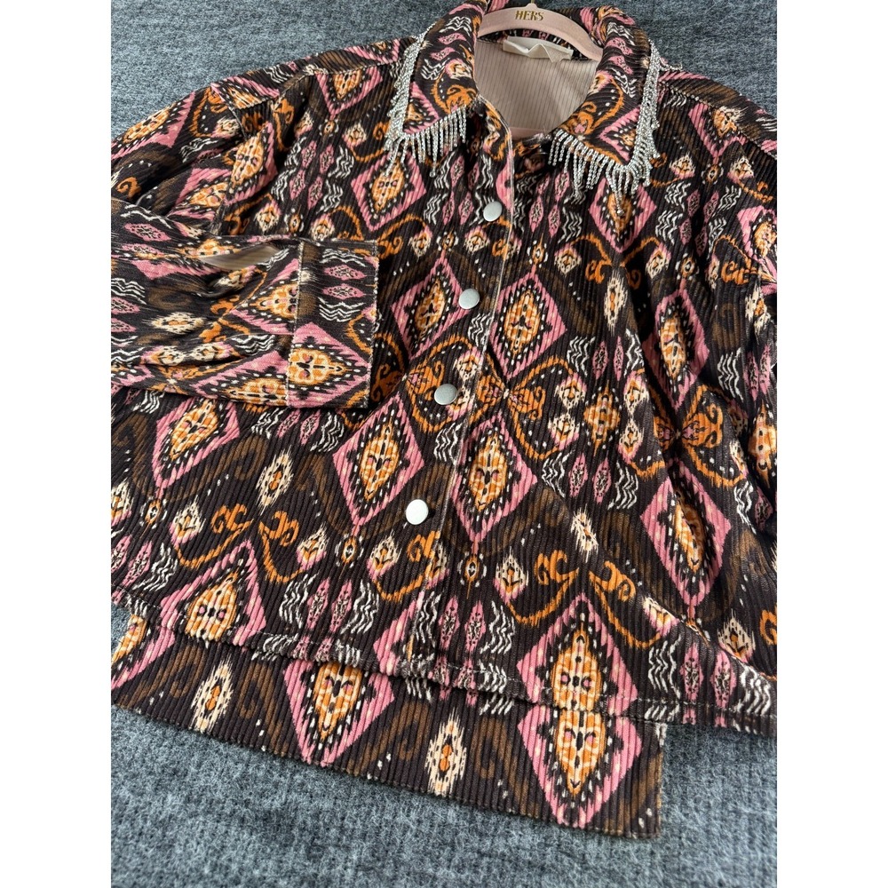 Savanna Jane Rhinestone Fringe Collar Jacket Shacket Multi Color Size Small